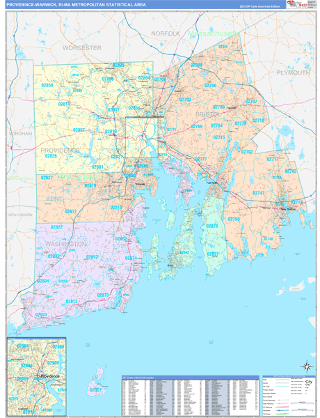 Providence-Warwick Metro Area Digital Map Color Cast Style